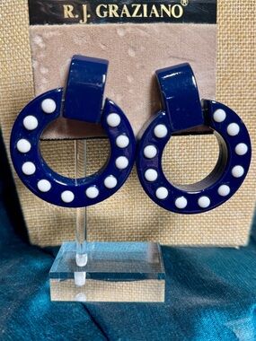R.J. Graziano Navy Hoop Earrings with White Dot Trim